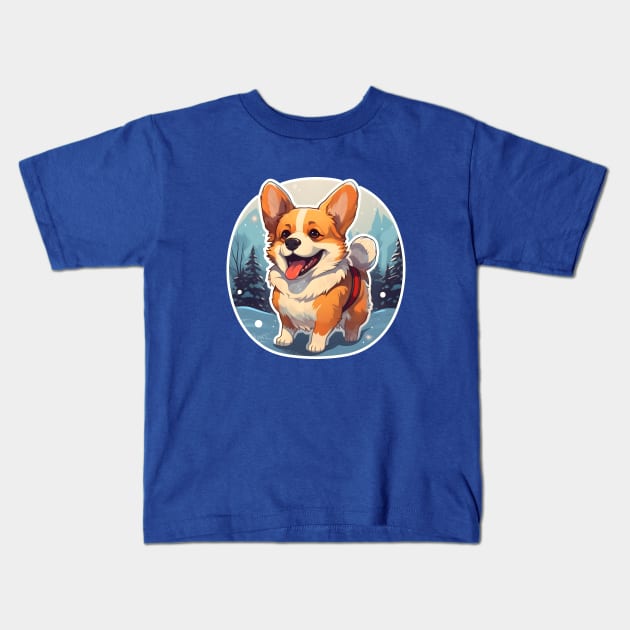 Happy Corgi in the snow Holidays Kids T-Shirt by beangeerie